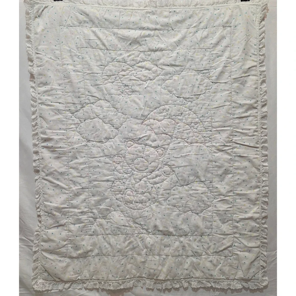 Vintage Teddy Bear Umbrella Quilt Pastel Pink Blue Eyelet Lace Baby Blanket